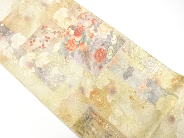 JAPANESE KIMONO / ANTIQUE FUKURO OBI / SILK / TSUZURE / FLOWER & BIRD
